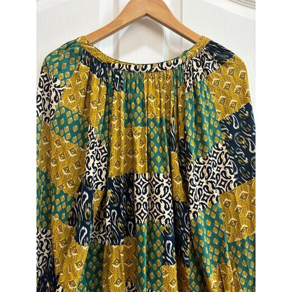 Umgee Women M Navy And Chartreuse Patchwork Blouse Long Sleeve Bold Boho - Picture 6 of 8